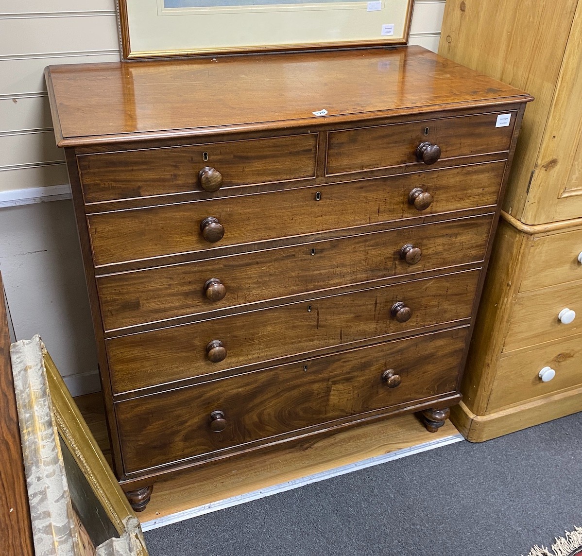 A Victorian mahogany chest of two short and four graduated long drawers, width 114cm, depth 56cm, height 121cm